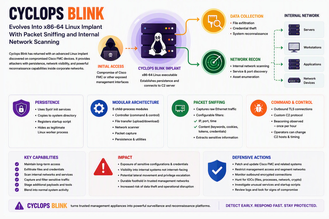 Cyclops Blink Expands Capabilities with Packet Sniffing and Internal Network Discovery on Linux Systems
