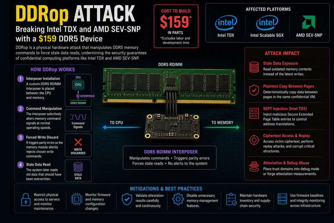 DDRop Attack Demonstrates How a $159 DDR5 Device Can Breach Intel TDX and AMD SEV-SNP Security